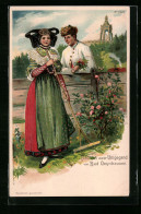 Lithographie Paar In Tracht Aus Der Gegend Von Bad Oeynhausen, Flirt Am Gartenzaun  - Vestuarios