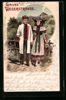 Lithographie Gruss Vom Weserstrande, Paar In Tracht Aus Schaumburg-Lippe  - Costumes