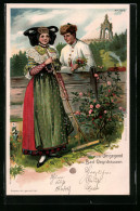 Lithographie Mädchen In Tracht Aus Der Gegend Von Bad Oeynhausen Beim Flirt Am Gartenzaun  - Vestuarios