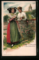 Lithographie Aufwartung Am Gartenzaun, Paar In Tracht Aus Porta Westfalica  - Costumes