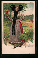 Lithographie Mädchen In Tracht Aus Der Umgegend Von Porta Westfalica Mit Blumenstrauss  - Costumes