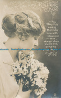 R154181 Greeting Postcard. Many Happy Returns. Woman With Flowers. Rotary. RP - World