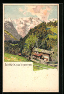 Lithographie Partenkirchen, Forsthaus Graseck Vor Idyllischem Panorama  - Caccia