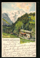 Lithographie Partenkirchen, Forsthaus Graseck Vor Bergpanorama  - Jacht