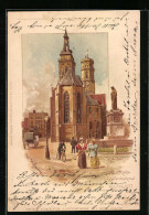 Lithographie Stuttgart, Stadtkirche Und Schillerdenkmal  - Stuttgart