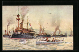 CPA Illustrateur Willy Stoewer Unsign.: Französische Kriegsschiffe Stechen In See  - Warships
