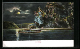 Mondschein-AK Loreley-Figur Auf Ihrem Felsen Und Ein Dampfer  - Fairy Tales, Popular Stories & Legends