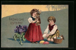 Präge-AK Fröhliche Ostern, Kinder Mit Osterhase  - Pâques