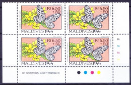 Maldives 1993 MNH Corner, Butterflies Ceylon Tree Nymph, Flowers Scrambled Egg Bush - Vlinders