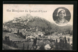 CPA Saint-Flour, Vue Générale Avec Femme En Costume Typique  - Saint Flour