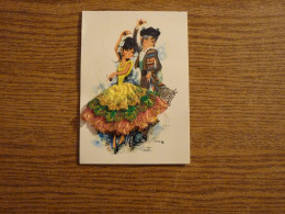 Carte Brodée Espagne  - Jeune Couple De Danseurs De Flamenco -  Jeune Femme Costume Brodé/Tissu - 10,5x15cm Env. - Bestickt