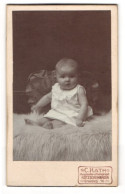 Fotografie C. Kath, Kötschenbroda, Gradsteg 10, Niedlicher Säugling Im Weissen Kleid Sitzt Auf Einem Flauschigen Tep  - Personnes Anonymes