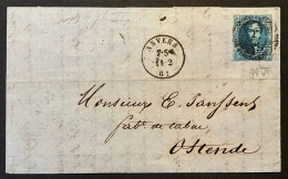 Lettre 14/02/1861 - Affr. OBP 11 Obl. P4 Anvers > Ostende - PL VI - 1858-1862 Médaillons (9/12)
