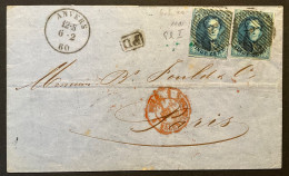 Lettre 06/02/1860 - Affr. OBP 11a Obl. P4 Anvers > PARIS - PL V - 1858-1862 Medallions (9/12)