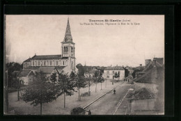 CPA Tournon-St-Martin, La Place Du Marché, L`Église Et La Rue De La Gare  - Autres & Non Classés