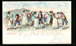 Lithographie Italienische Paare Beim Tanzen Der Tarantella Vor Vesuv-Kulisse  - Dance