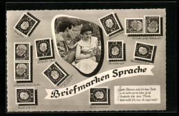 AK Junges Paar Mit Blumensträusschen, Briefmarkensprache, Bundesrepublik  - Timbres (représentations)