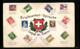AK Schweiz, Schweizer Wappen, Briefmarken, Briefmarkensprache  - Timbres (représentations)