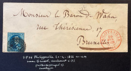 Lettre 20/04/1856 11-12M - Affr. OBP 7 Obl. P96 Philippeville > Bruxelles - 1851-1857 Médaillons (6/8)