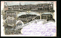 Lithographie Hohenstein-Ernstthal, Ortsansicht, Wappen, Gasthaus Etablissement Zum Logenhaus  - Hohenstein-Ernstthal