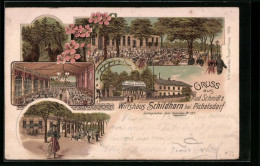 Lithographie Pichelsdorf, Gatstätte Wirtshaus Schildhorn Mit Garten Und Saal, Radfahrerin  - Spandau