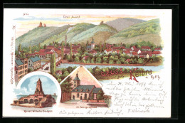 Lithographie Kelbra A. Kyffh., Totalansicht, Kaiser Wilhelm-Denkmal, St. Georgskirche  - Kelbra