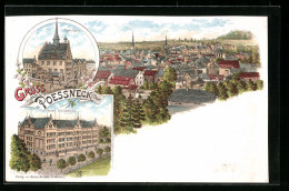 Lithographie Poessneck I. Thür., Teilansicht, Neues Schulgebäude, Rathaus  - Other & Unclassified