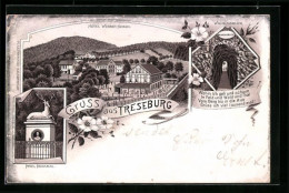 Lithographie Treseburg I. Harz, Hotel Weiser Hirsch, Wilhelmsblick, Pfeil-Denkmal  - Other & Unclassified