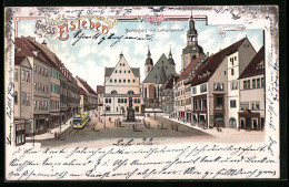 Lithographie Eisleben, Marktplatz Mit Geschäften, Lutherdenkmal Und Strassenbahn  - Lutherstadt Eisleben