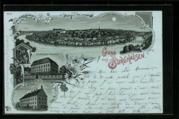 Mondschein-Lithographie Burghausen, Ortsansicht, Bischöfliches Seminar, Kgl. Gymnasium  - Burghausen