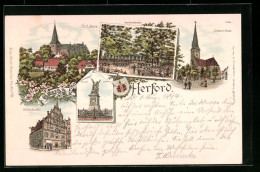 Lithographie Herford, Gasthaus Schützenhof, Gasthaus Ratskeller, Stift-Berg  - Herford