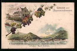 Lithographie Assmannshausen, Hotel Reutershan, Weinrebe, Rheinpartie  - Sonstige & Ohne Zuordnung