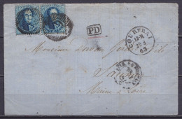 L. Affr. Paire N°15 P29 Càd COURTRAI /29 8 1863 Pour SAUMUR Maine & Loire - Càd Passage "BELG. A QUIEVRAIN" - [PD] (au D - 1863-1864 Medallions (13/16)