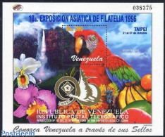 Venezuela 1996 Taipei S/s, Mint NH, Nature - Birds - Flowers & Plants - Fruit - Orchids - Parrots - Philately - Fruits