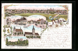 Lithographie Pegau, Rathaus, Stadt-Kirche, Promenade  - Other & Unclassified