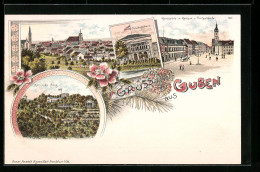 Lithographie Guben, Gasthaus Schützenhaus, Marktplatz Mit Rathaus Und Postgebäude, Kaminsky-Berg  - Guben