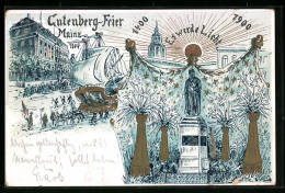 Lithographie Mainz, Gutenberg-Feier 1900, Strassenpartie Mit Umzugswagen, Denkmal  - Other & Unclassified