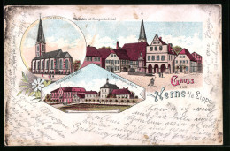 Lithographie Werne A. Lippe, Marktplatz, Pfarrkirche, Christophorus-Hospital  - Werne