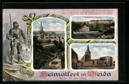 Passepartout-AK Weida, Festpostkarte Heimatfest 1914, Ritter Mit Wappen, Wiedenkirchruine  - Weida