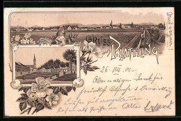 Lithographie Plattling, Panorama Mit Feldern, Ortspartie Mit Kirche  - Plattling