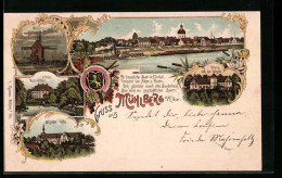 Lithographie Mühlberg A. Elbe, Schloss Martinskirchen, Totalansicht, Windmühle, Teilansicht  - Mühlberg