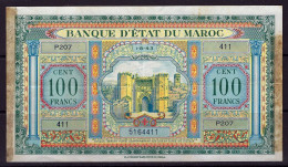 Morocco Banque D'État Du Maroc 1-8-43 Banknote 100 Francs P-27 Printer By E. A. Wright Banknote Company, Philadelphia - Marokko