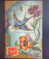 1667 THEME . SINCERE AFFECTION  . HIRONDELLE AVEC UNE LETTRE . OBLITEREE 1908 . CARTE GAUFREE - Pájaros