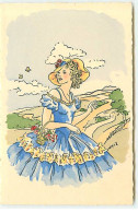 N°22964 - Jeune Femme Portant Une Robe Bleue Et Un Chapeau Se Promenant - Women