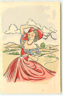 N°22963 - Jeune Femme Portant Une Robe Rose, Et Un Chapeau Se Promenant - Women