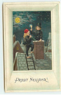 N°21871 - Prosit Neujahr - Enfants Habillés En Ramoneur Trinquant Sur Un Toit Au Clair De Lune - Neujahr