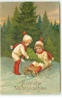 N°21887- Fröhliche Weihnachten - Enfants Portant Un Sapin, La Fillette Assise Sur Une Luge - Altri & Non Classificati