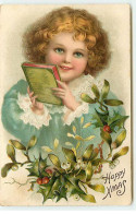 N°21891 - Carte Gaufrée - Happy Xmas - Fillette Tenant Un Livre, Houx Et Gui - Otros & Sin Clasificación