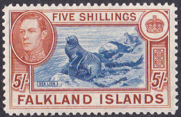 ARCTIC-ANTARCTIC, FALKLAND ISLS. 1937-41 GEORGE VI DEFINITVES, 5sh SEA LIONS* - Antarctic Wildlife