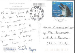 FINISTERE 29   - ST JEAN DU DOIGT -  RECETTE RA 9 -  TIMBRE N°3486 - DAUPHIN  -TARIF 1 2 02 - SEUL SUR LETTRE - 2002 - Matasellos Manuales